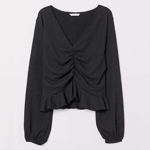 TOPSHOP Black Ruched Polyester Lightweight Bubble Sleeve Blouse